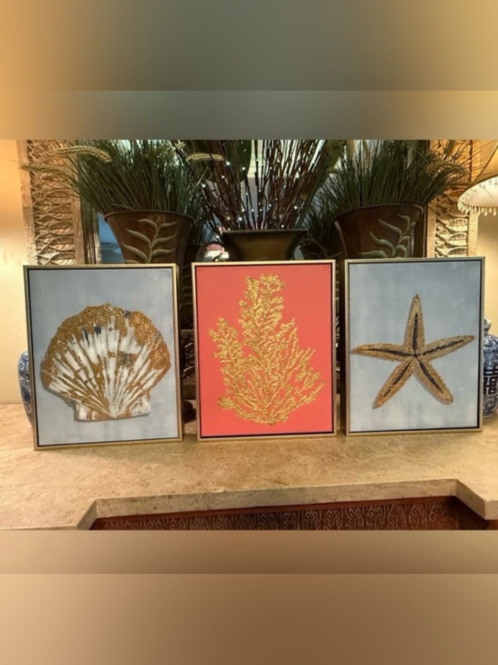 Three-Piece Coastal Accent Canvas Art Set in Elegant Gold Frames